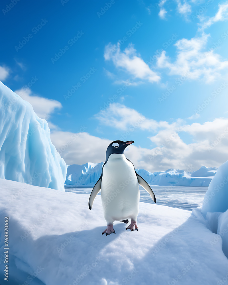 Penguins walking on a vast snow glacier under the hot sun