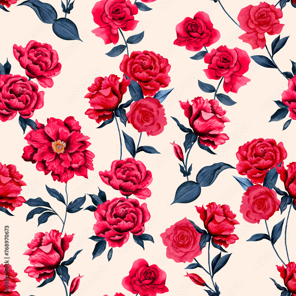 Watercolor flowers pattern, red romantic roses, blue leaves, white background, seamless