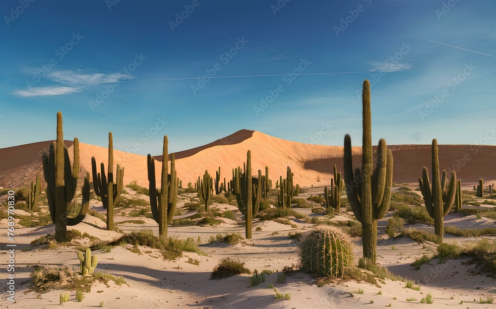 A realistic depiction of a desert landscape, with vast sand dunes, scattered cacti A realistic depiction of a desert landscape, with vast sand dunes, scattered cacti