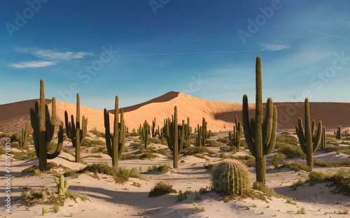 A realistic depiction of a desert landscape, with vast sand dunes, scattered cacti