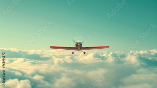 Vintage Plane Flying Over Cloudy Sky.