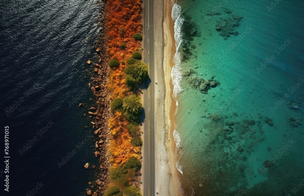 Aerial view of the road along the coast from the drone. Travel by car in summer time. The sea coast and the road. 