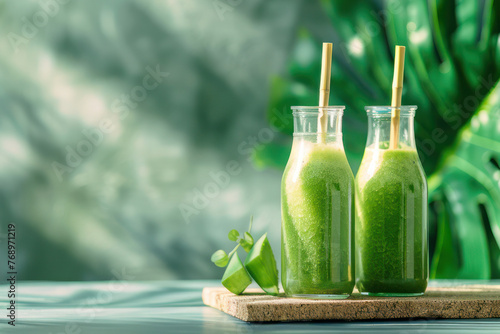 Two Bottles Filled With Green Smoothie on Table © reddish