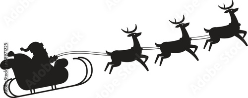 Santa Claus flying while pulling a reindeer in a sleigh. vector illustration