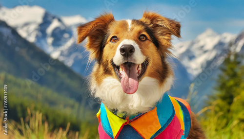 Joli chien de face avec un gilet coloré amusant, en extérieur, vu sur les montagnes en arrière plan, gueule ouverte, langue pendante © remi