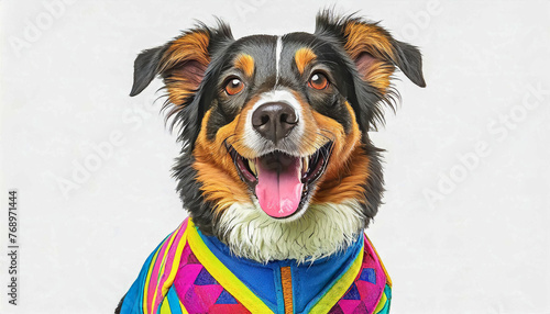 Portrait serré d'un  joli chien qui porte un gilet multi couleurs, fond blanc, gueule ouverte, langui qui pend photo