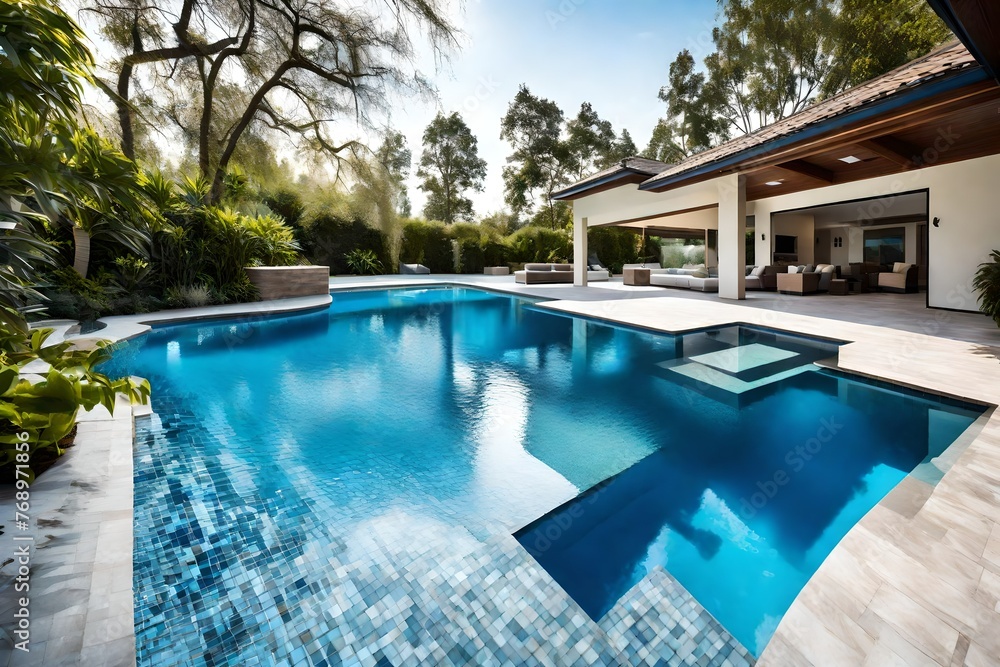 Swimming pool in a residential home with blue water 
