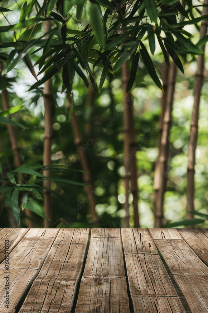 Wooden Table With Bamboo Trees in Background Wooden Table With Bamboo Trees in Background