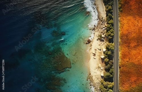 Aerial view of the road along the coast from the drone. Travel by car in summer time. The sea coast and the road.  photo