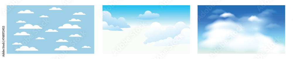 Three background sceneries featuring a blue sky and clouds