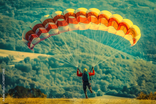 Paraglider Landing With Colorful Parachute.