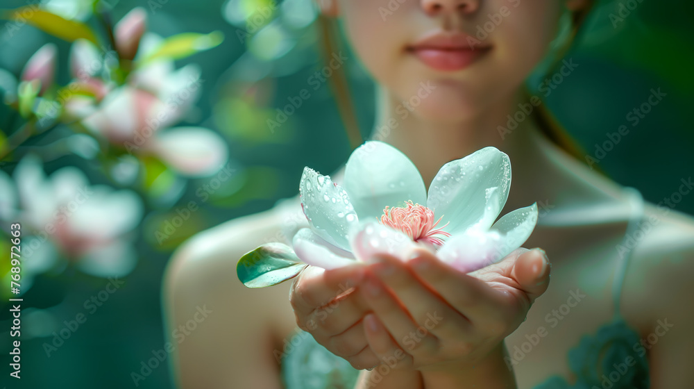 Naklejka premium Young woman presents blooming magnolia with tenderness against lush background. Concept of natural beauty and renewal, representation of purity, youthful elegance, and serene connection with nature