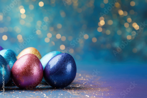 Vibrant Easter eggs with golden sparkle on blue