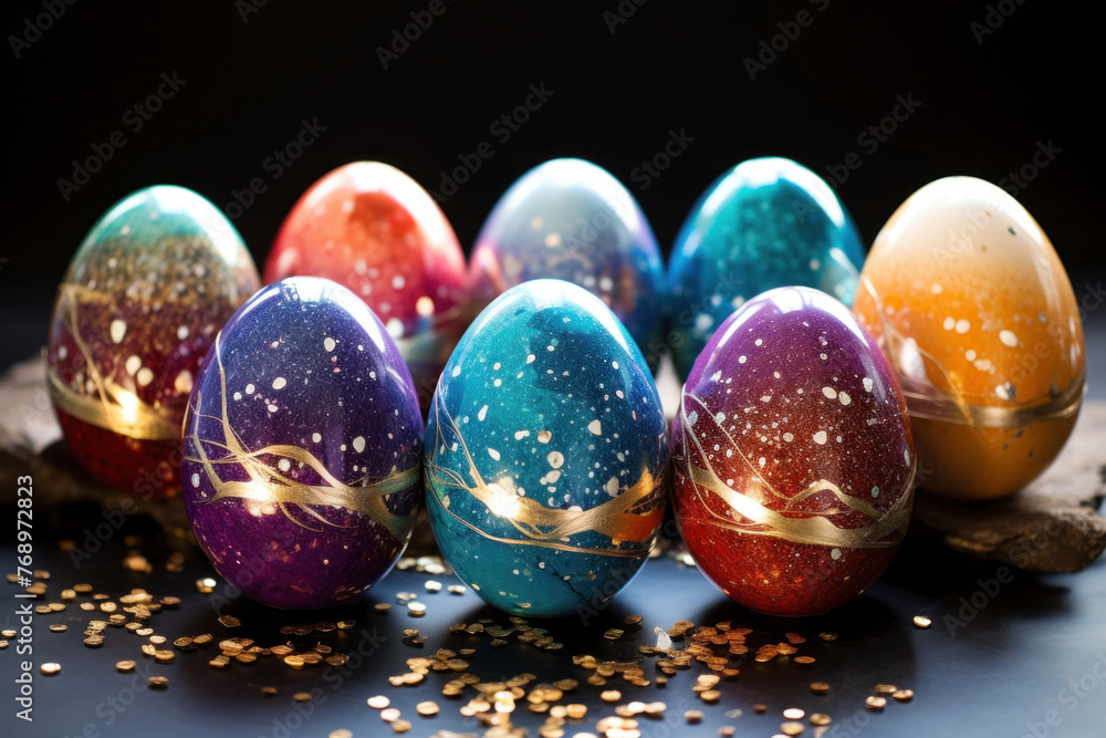 Colorful Easter eggs with golden accents on dark background Colorful Easter eggs with golden accents on dark background