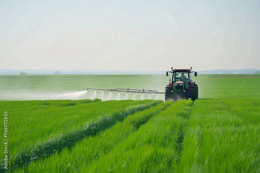 Fototapeta premium A tractor is fertilizing plants on a green field under a clear sky