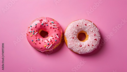 Heart shaped two pink donuts with topping on colorful background