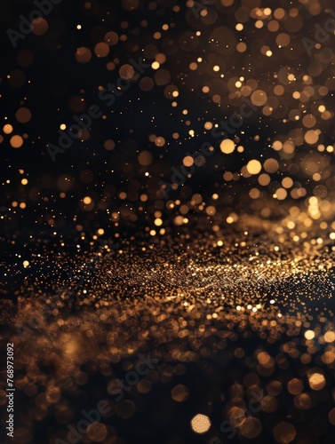 A blurred view of shimmering gold dust scattered across a dark black surface