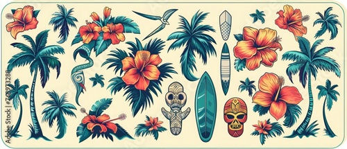 A bright set of stickers in a tropical Hawaiian style. Summer background with palm trees, Hawaiian tribal masks and hibiscus flowers photo