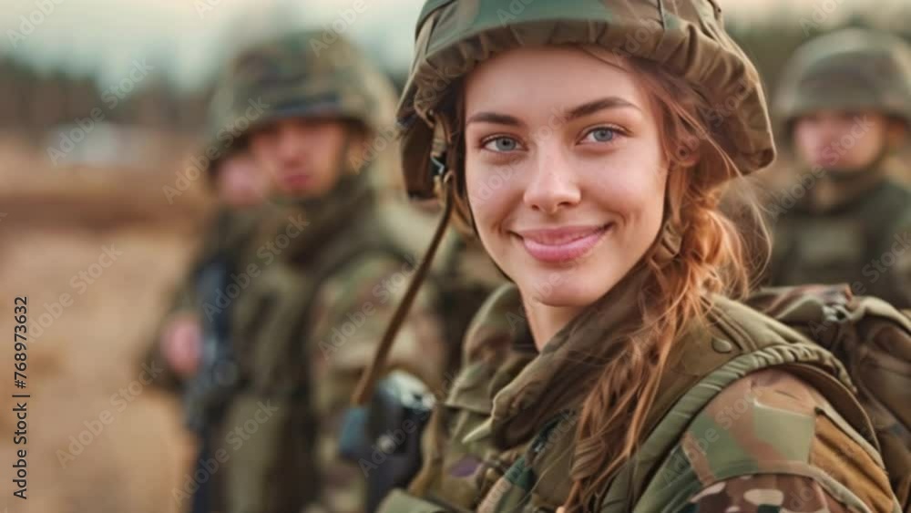 A smiling young female adult soldier wearing a soldier's uniform together with other soldiers wearing soldiers' uniforms A smiling young female adult soldier wearing a soldier's uniform together with other soldiers wearing soldiers' uniforms