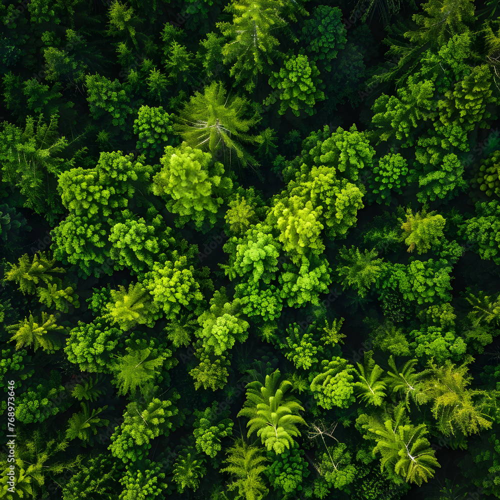 Aerial top view of green trees in forest. 