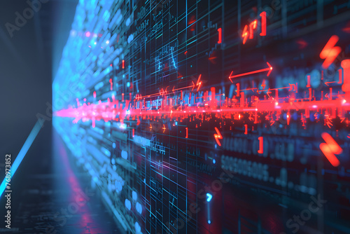 digital representation of a firewall, with a glowing blue barrier deflecting red arrows and code snippets, cyber sequrity concept, generative ai