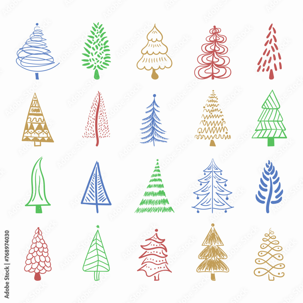 Christmas tree icon brush hand drawn stroke ink design element silhouette set. Doodle ink seamless pattern for New Year. Festive decoration. Abstract doodle drawing of wood. Vector illustration.