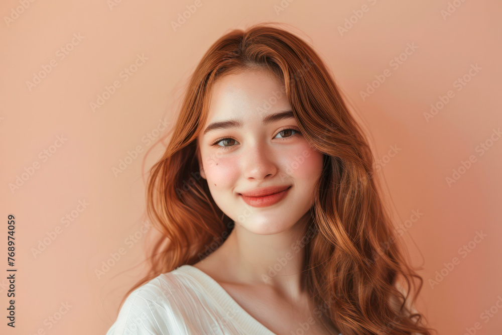 Fototapeta premium Woman With Long Red Hair in White Shirt