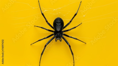 Black widow spider on a yellow background. Dangerous latrodectus insect.