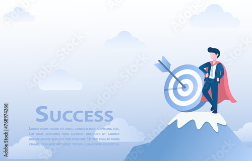 Business concept. Goals and target to success. Super boss standing on the peak of a mountain. The man at the top is the winner and the success. Vector illustration with copy space.