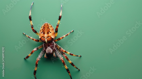 Black widow spider on a green background. Dangerous latrodectus insect.