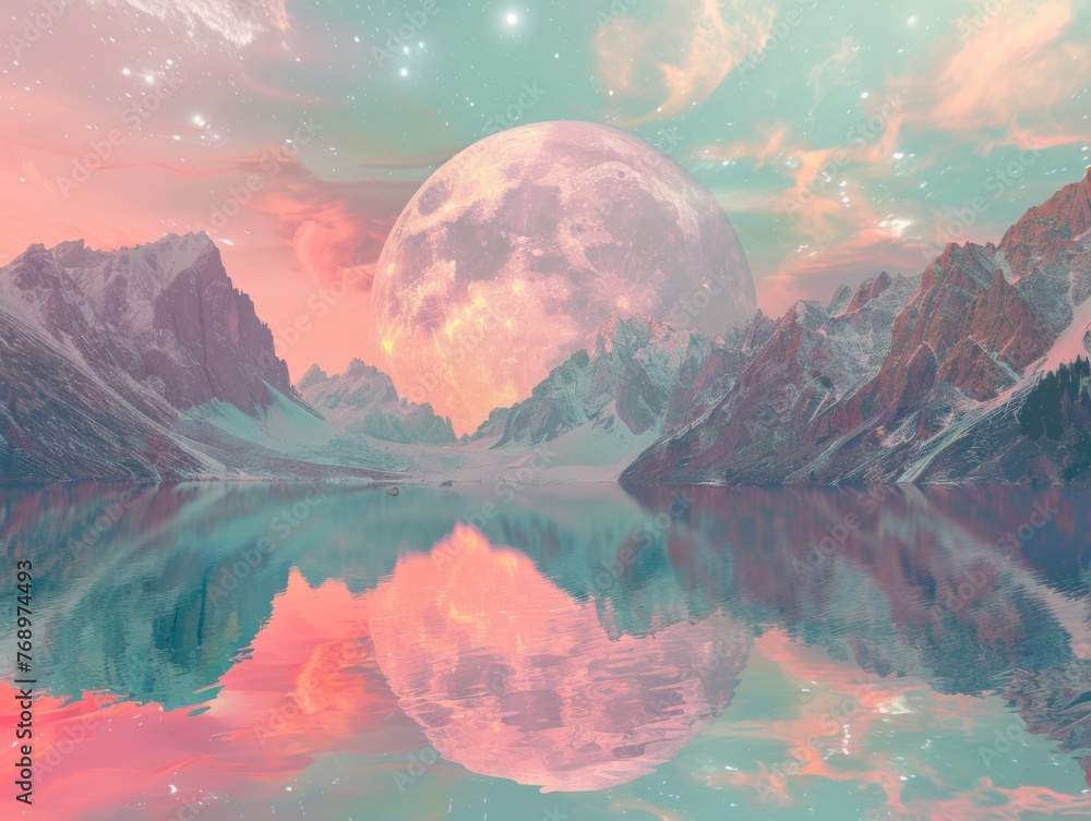 A breathtaking digital art piece of an enormous moon rising above a pastel-colored mountain lake under a starry sky.

 - obrazy, fototapety, plakaty 