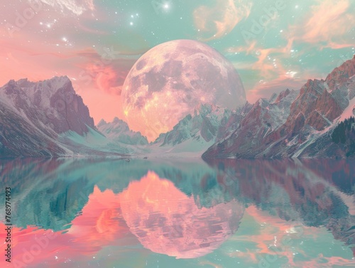 A breathtaking digital art piece of an enormous moon rising above a pastel-colored mountain lake under a starry sky.   © Rumpa