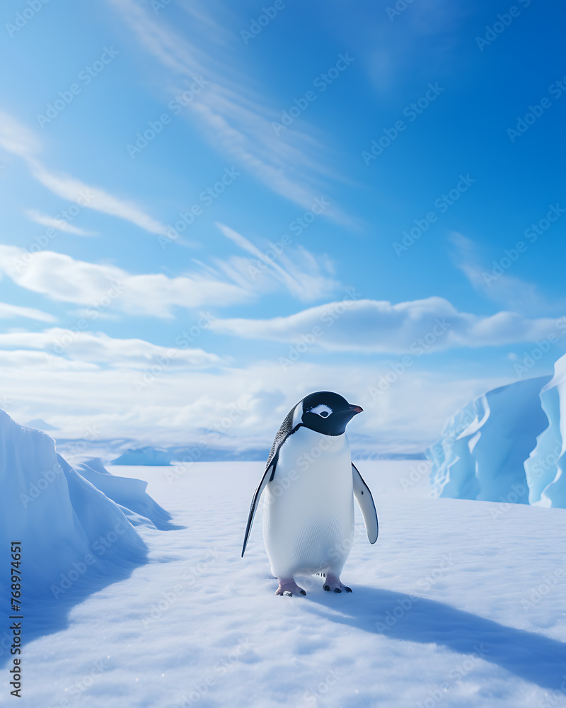 Penguins walking on a vast snow glacier under the hot sun
