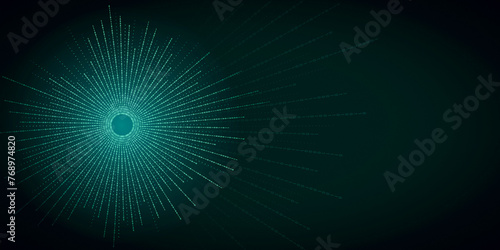 Technology, data and digital innovation. Abstract binary shape on dark green background for design on the theme of technology and data. Scattered 0 and 1