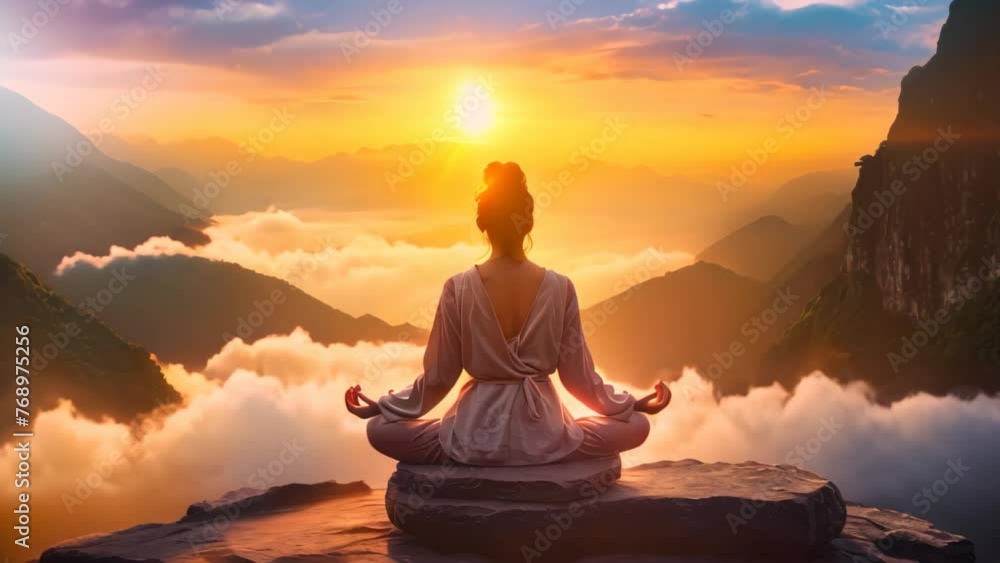 yoga woman meditating in lotus position on mountain peak during sunrise, A female meditating on top of a mountain with a beautiful sunset background, full body, AI Generated yoga woman meditating in lotus position on mountain peak during sunrise, A female meditating on top of a mountain with a beautiful sunset background, full body, AI Generated