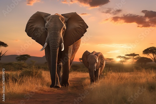 A mother elephant and her baby walk through the savannah at golden hour