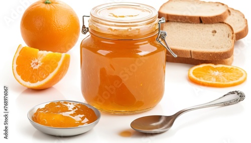 Orange jam in glass jar and bread sliced with spoon isolated on white background