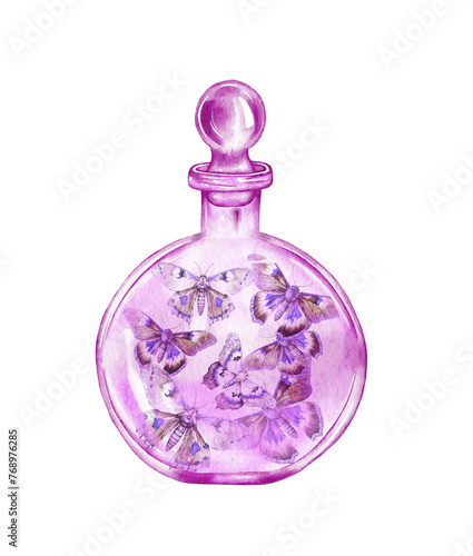 Watercolor potion bottle. Love potion and elixir hand drawn illustration. Halloween