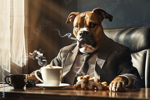 Serious dog businessman in suit smoking and drinking coffee at the table with bones photo