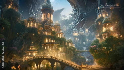 Beautiful fantasy landscape in the fantasy world. Artistic style, A thriving hidden oceanic civilization with enchanting architecture, bioluminescent plants, and mysterious inhabitants, AI Generated