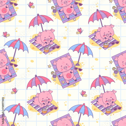 Seamless pattern with sunbathing pigs under sun umbrella beach holiday on white checkered background. Cute funny kawaii animal character. Vector illustration.