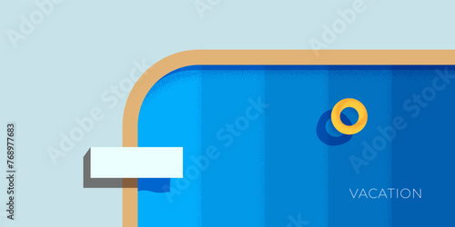 Abstract retro minimal summer travel horizontal banner. Swimming pool with diving board and inflatable ring on holiday vintage poster. Hotel vacation trendy minimalist placard. Summertime journey. Eps