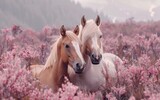 Two horses grazing in a pink flowered meadow within a grassland ecoregion