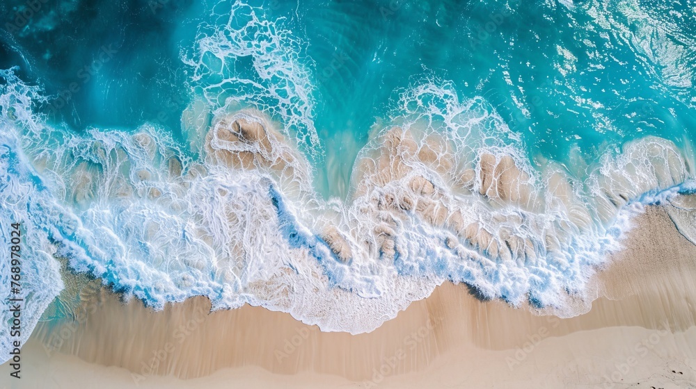 Top down view of majestic ocean wave breaking on shoreline, dramatic coastal scene with powerful surf, nature's beauty and power concept, tranquil seascape background - creepycross