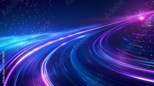 Abstract technology futuristic glowing blue and purple light lines with speed motion blur effect on dark blue background. Vector illustration