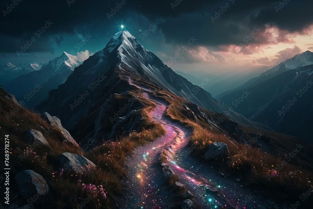 A serene mountainous landscape at night with a winding path highlighted by glowing mystical elements
