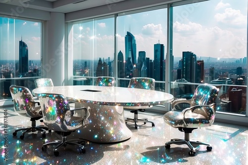 Phòng họp văn phòng hiện đại rộng rãi và sáng sủa với tầm nhìn toàn cảnh đường chân trời thành phố và một chiếc bàn lớn photo