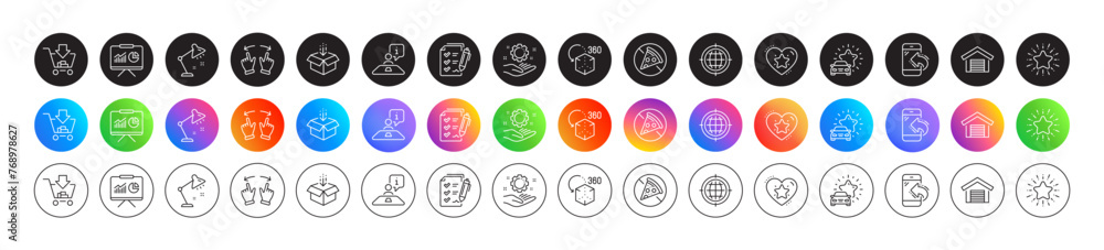 Presentation, Employee hand and Car review line icons. Round icon gradient buttons. Pack of Prohibit food, Augmented reality, Get box icon. Parking garage, Move gesture, Shopping pictogram. Vector