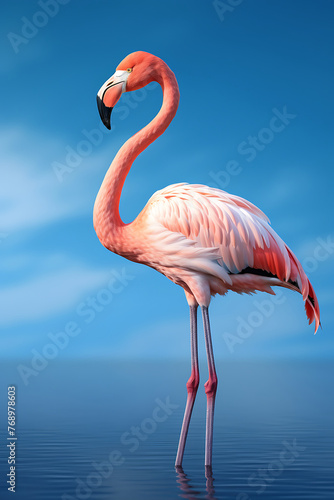 Elegant flamingo standing serenely in calm waters against a clear sky