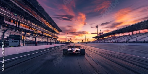 Race Car Speeding on Track at Sunset